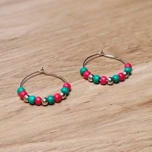Christmas Red & Green Beaded Gold Hoops Earrings Glass Seed Beads Handmade